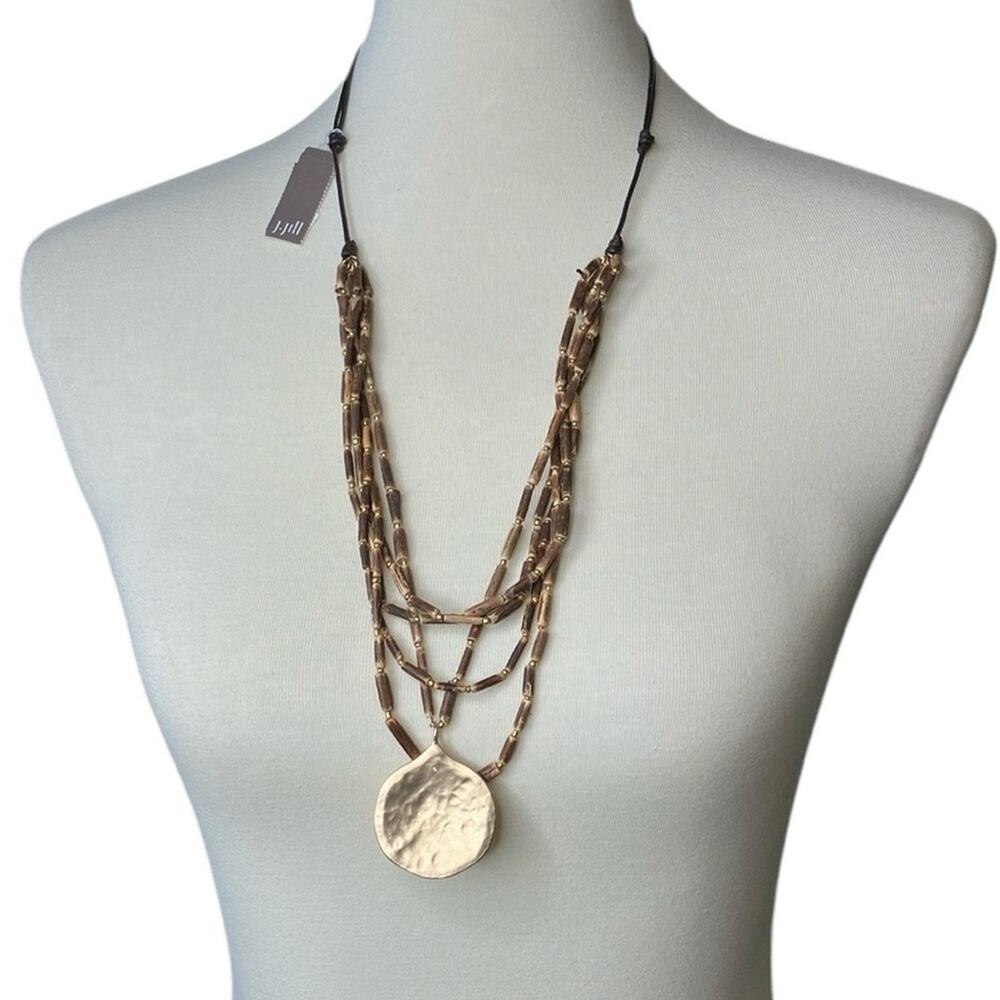 NWT J. Jill Boho Coconut Shell Wood Bead Necklace With Gold Hammered Pendant